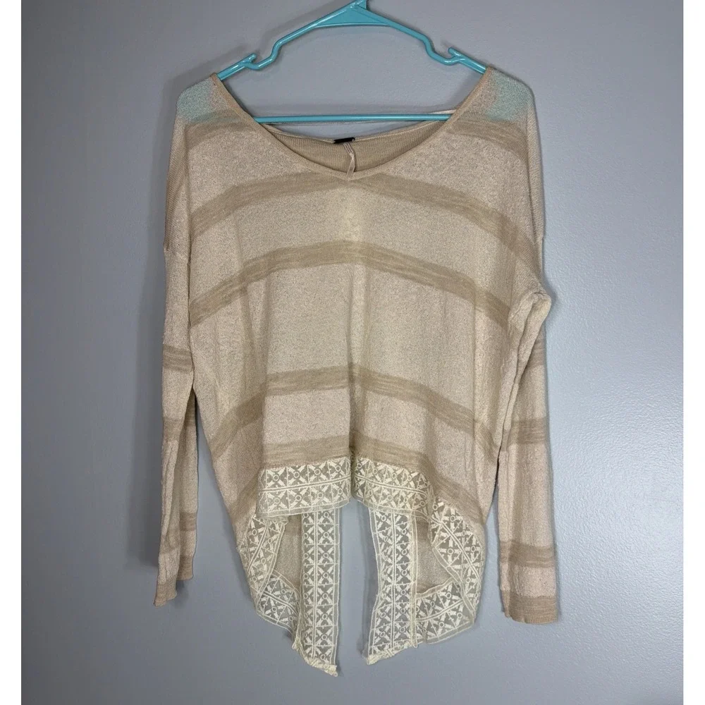 Free People Boho Lace Gauzy Relaxed Split Back Cream Granola Blouse Shirt XS